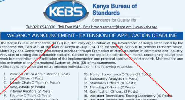 Apply for KEBS Shifts Job | Application Deadline from 15 to 23 February, 2024